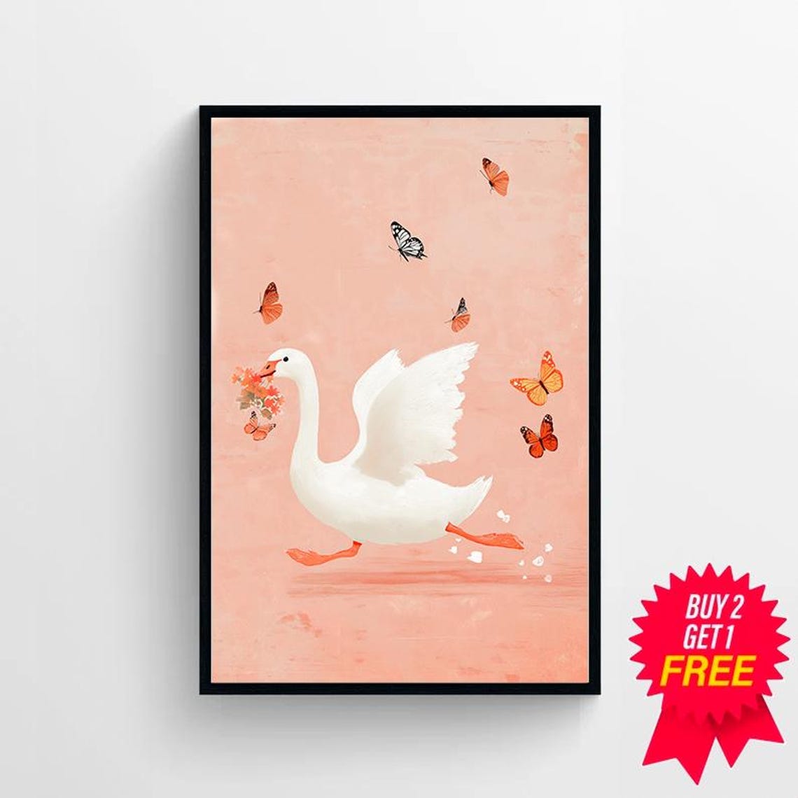 Silly Goose Wall Art Kids Room Print Cute Goose Poster Girl Nursery Decor Beige Farm Animal Girls Room Poster Butterfly Wall Art - Image 4