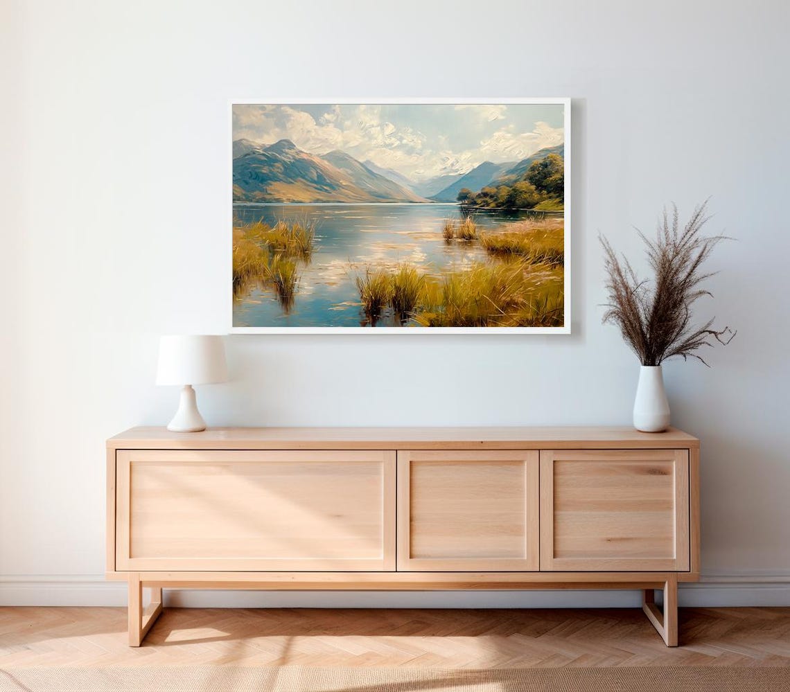 Still Mountain Lake with Golden Reeds in Dreamy Landscape Poster - Image 2