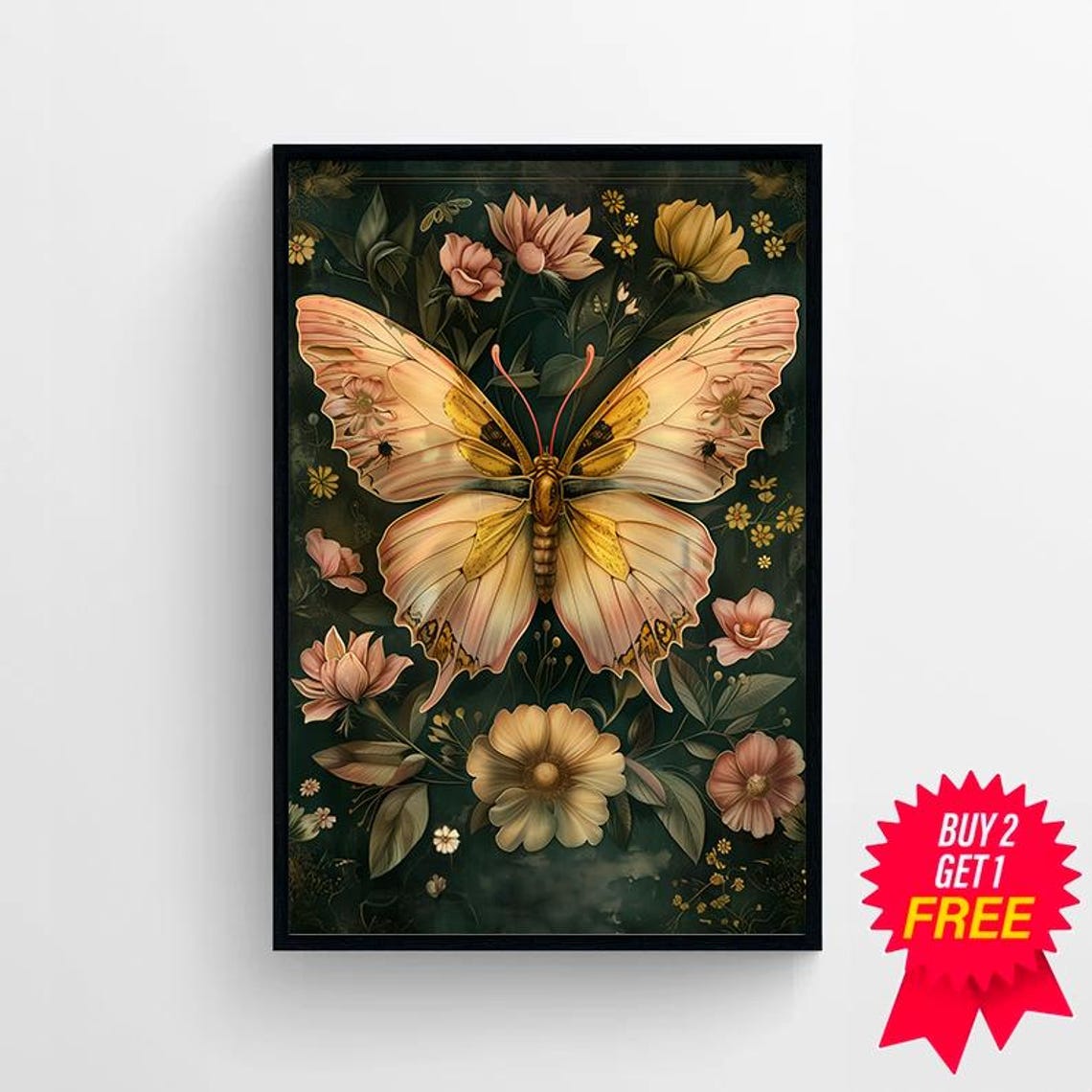Cream Butterfly Moth on Dark Botanical Floral Vintage Style Poster - Image 4