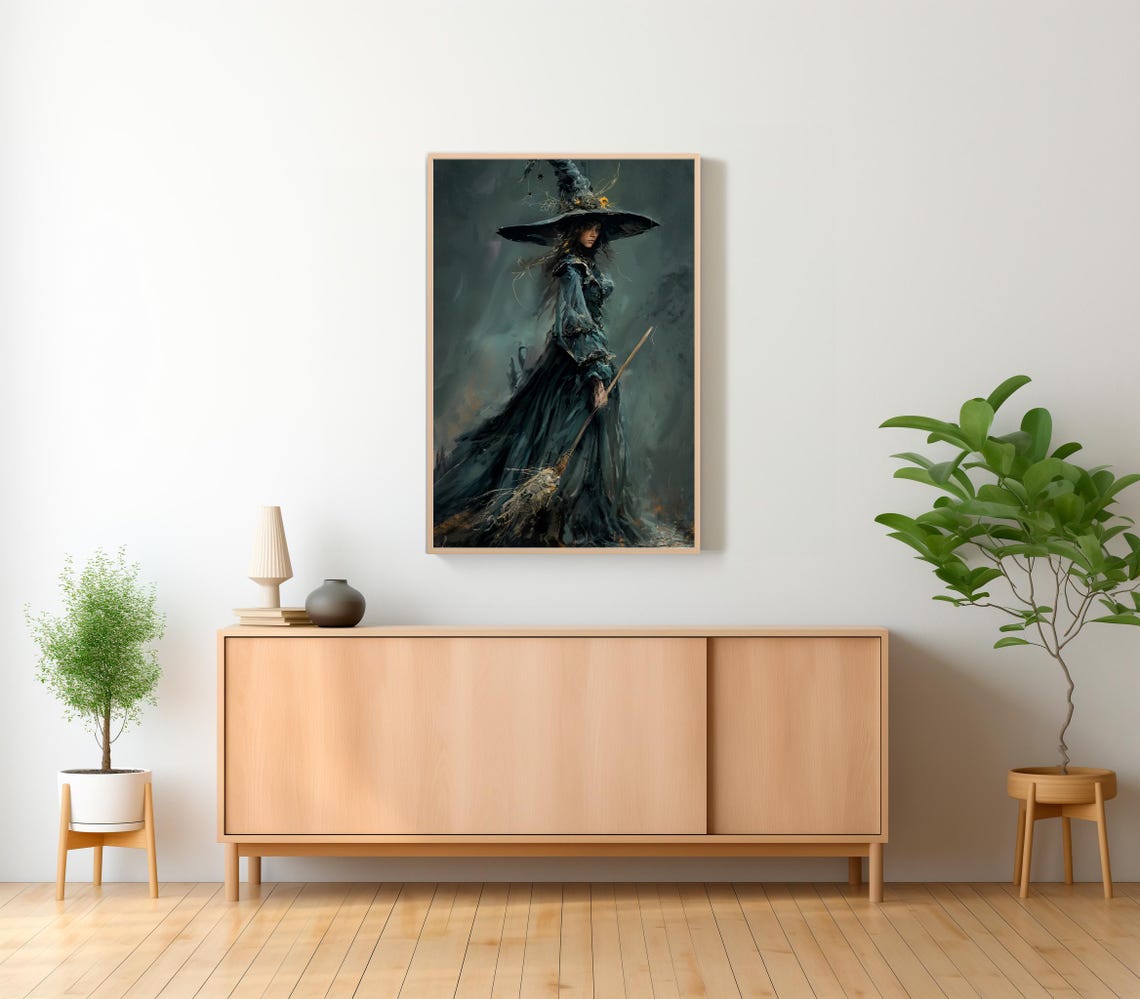 Dark Elegant Witch with Tall Hat and Broom Moody Halloween Art Poster - Image 2