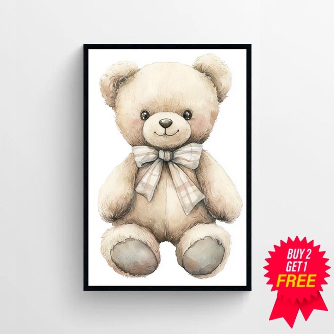 Cream Teddy Bear with Plaid Bow Watercolor Nursery Decor Poster - Image 4