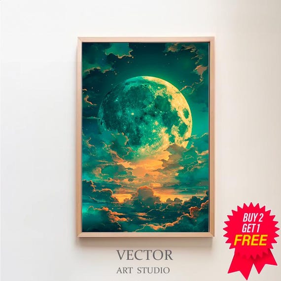 Enchanting Celestial Moon Art Print Vintage Inspired Dark Academia Dark Cottagecore Moon Art Print Night Sky Painting