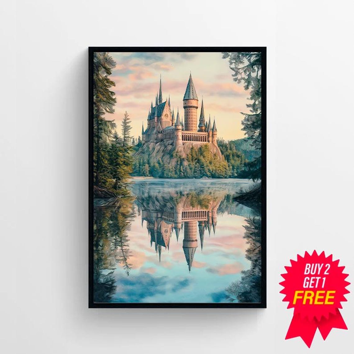 Magical Castle Summer Watercolour Charming Wizard Art Wizarding World Enthusiasts Witchcraft Great Lake At Spring Magical School Print - Image 4