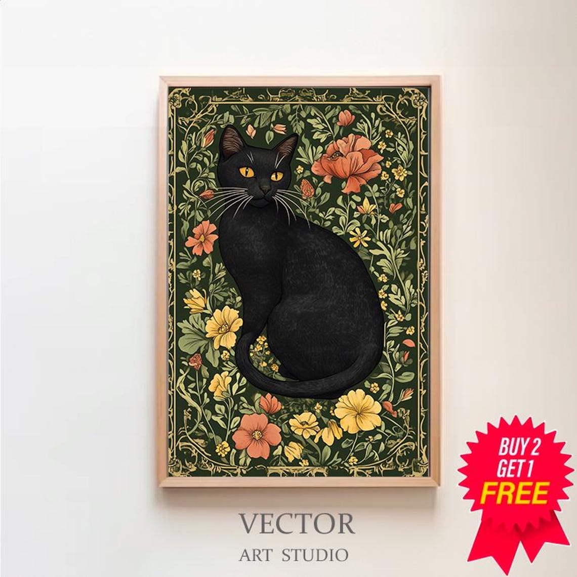 William Morris Style Black Cat among Botanical Flowers Poster