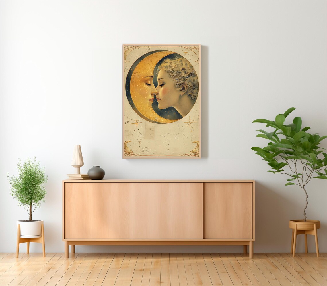 Moon and Woman Face to Face Vintage Celestial Love Story Art Poster - Image 2