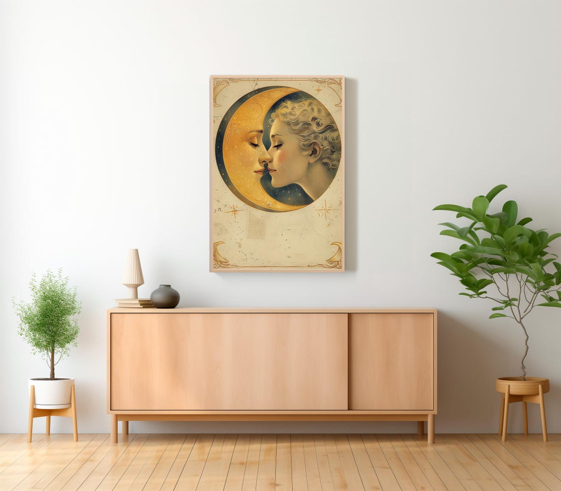 Woman Kissing The Moon Vintage Moon Art Vintage Moon Poster Celestial Art Dear Old Dixie Moon Moon Witch Art - Image 2