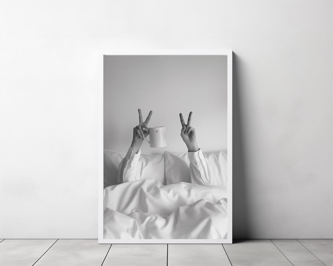 Woman Drinking Coffee In Bed Double Peace Sign Black White Print - Image 3