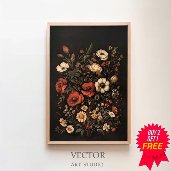 Dark Cottagecore Wall Art Moody Vintage Floral Print Living Room Housewarming Gift Dark Academia Decor