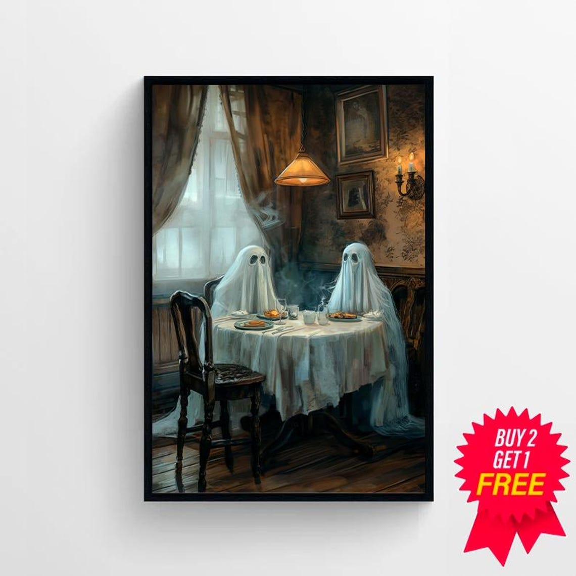 Two Cute Ghosts Having A Candlelit Dinner In A Vintage Room Poster - Image 4