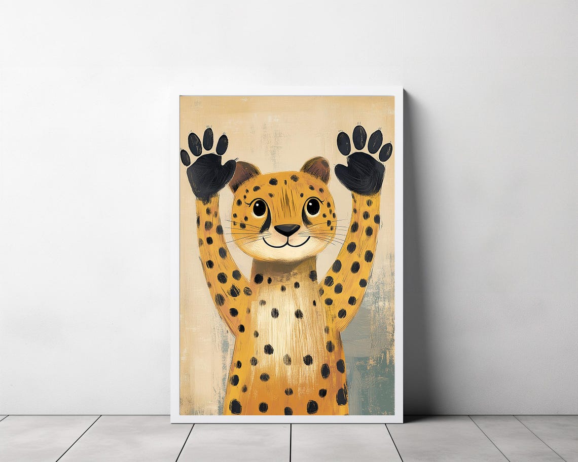 Smiling Cheetah Cub Waving Its Paws on a Warm Nursery Poster - Image 3