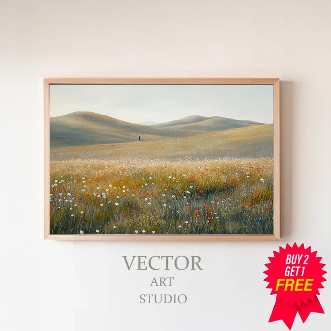 Misty Wildflower Meadow with Soft Rolling Hills Minimalist Poster