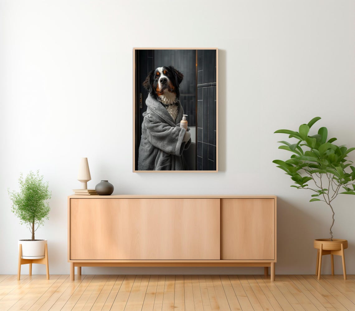 Bernese Mountain Dog in Bathrobe Holding Lotion Funny Bathroom Poster - Image 2