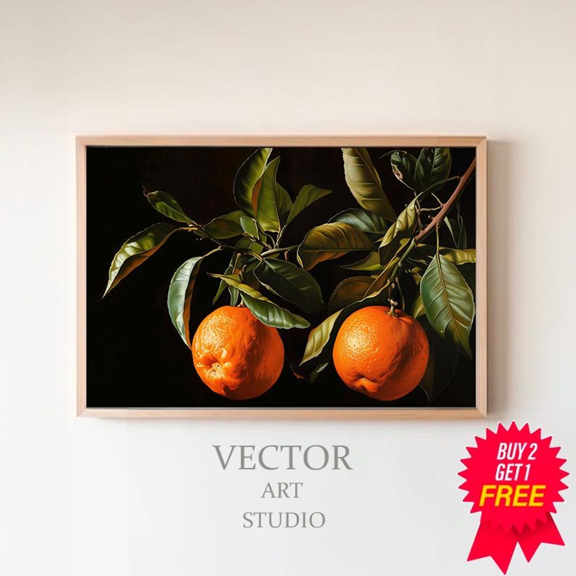 Pair of Sweet Oranges Hanging on a Leafy Branch Still Life Poster