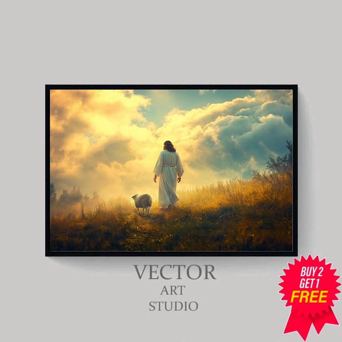 Jesus the Good Shepherd Walking With Sheep in a Golden Field Poster - Image 4