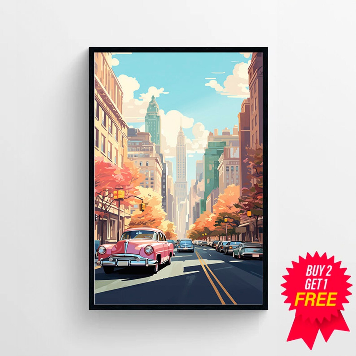 Autumn New York Street Pink Classic Car Retro Vintage City Print - Image 4