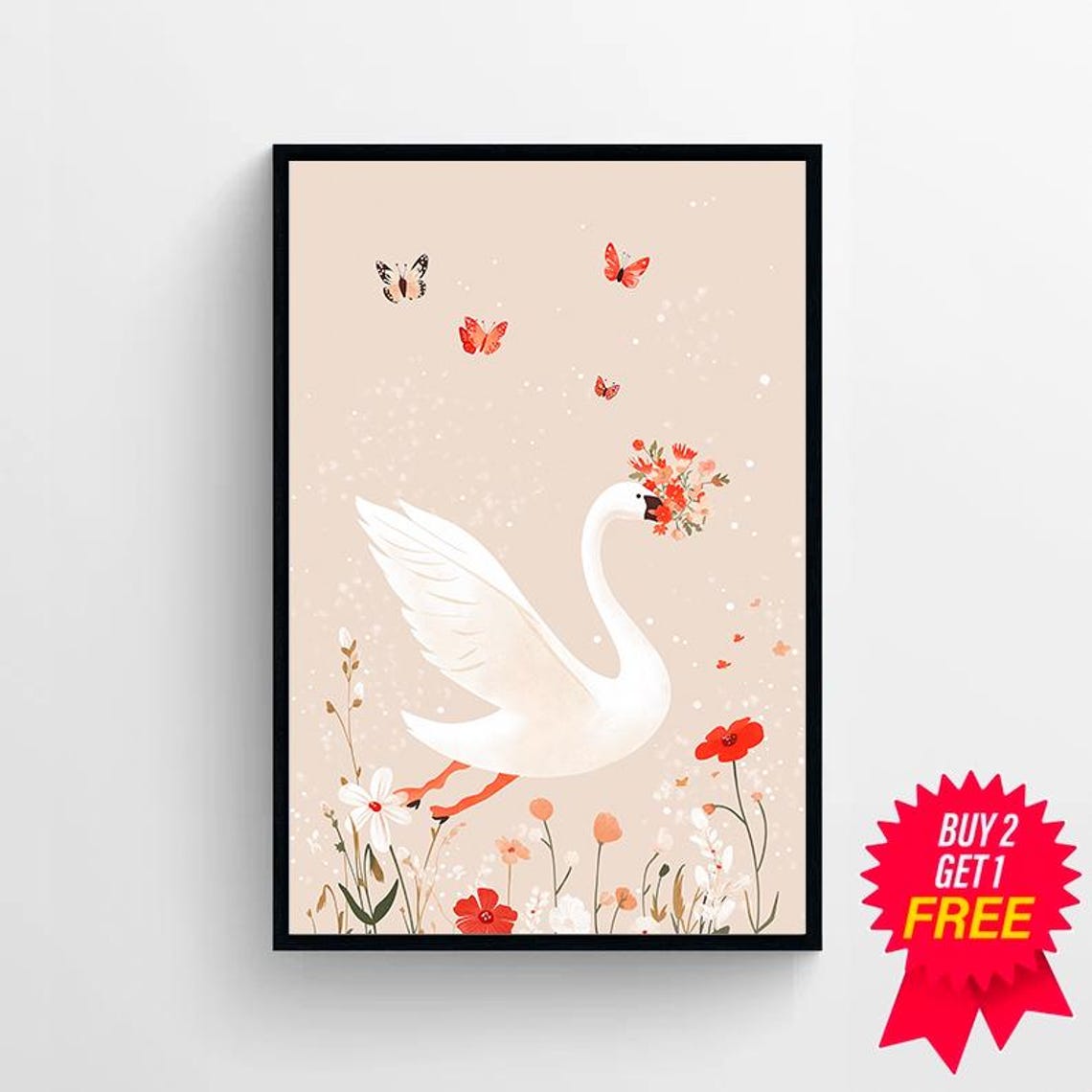 Silly Goose Wall Art Kids Room Print Cute Goose Poster Girl Nursery Decor Beige Farm Animal Girls Room Poster Butterfly Wall Art - Image 4