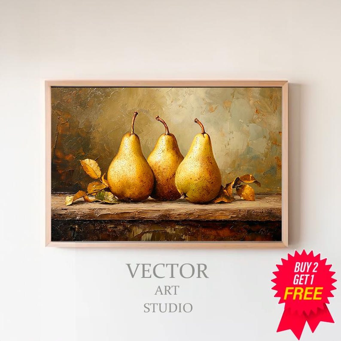 Three Golden Pears on Rustic Wood Vintage Fruit Still Life Poster