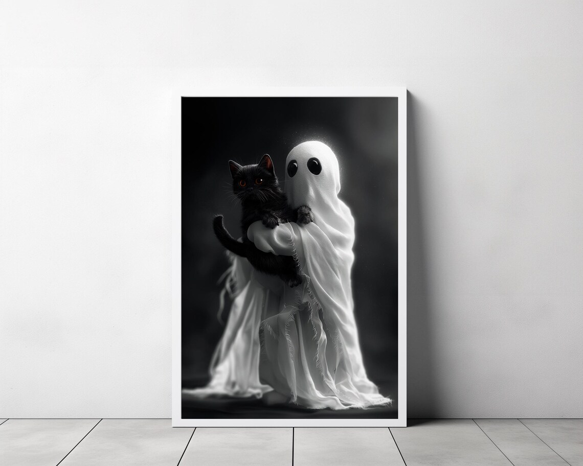 Adorable Sheet Ghost Cuddling Black Cat Dark Background Halloween Poster - Image 3