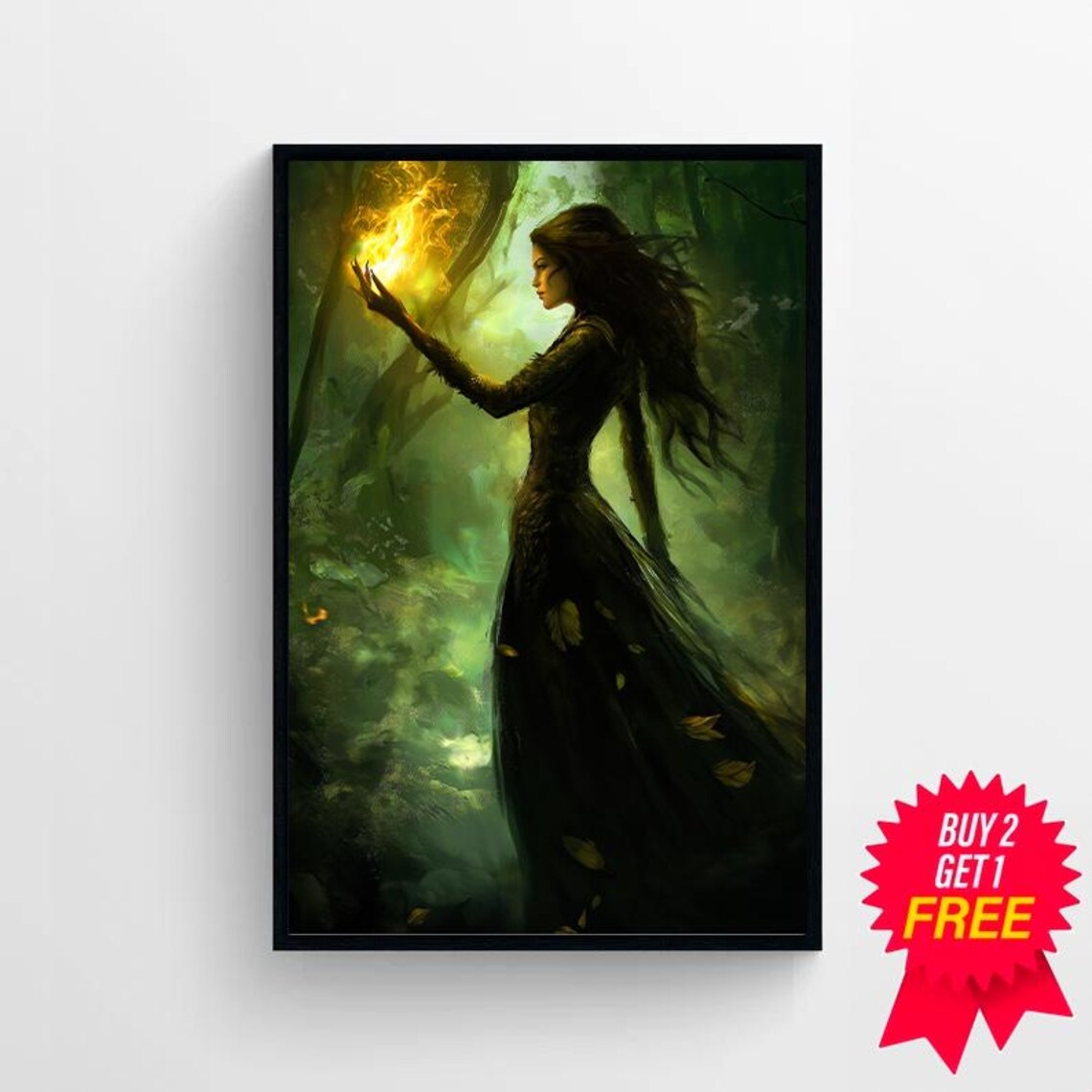 Dark Sorceress Conjuring Fire In A Moonlit Forest Fantasy Poster - Image 4