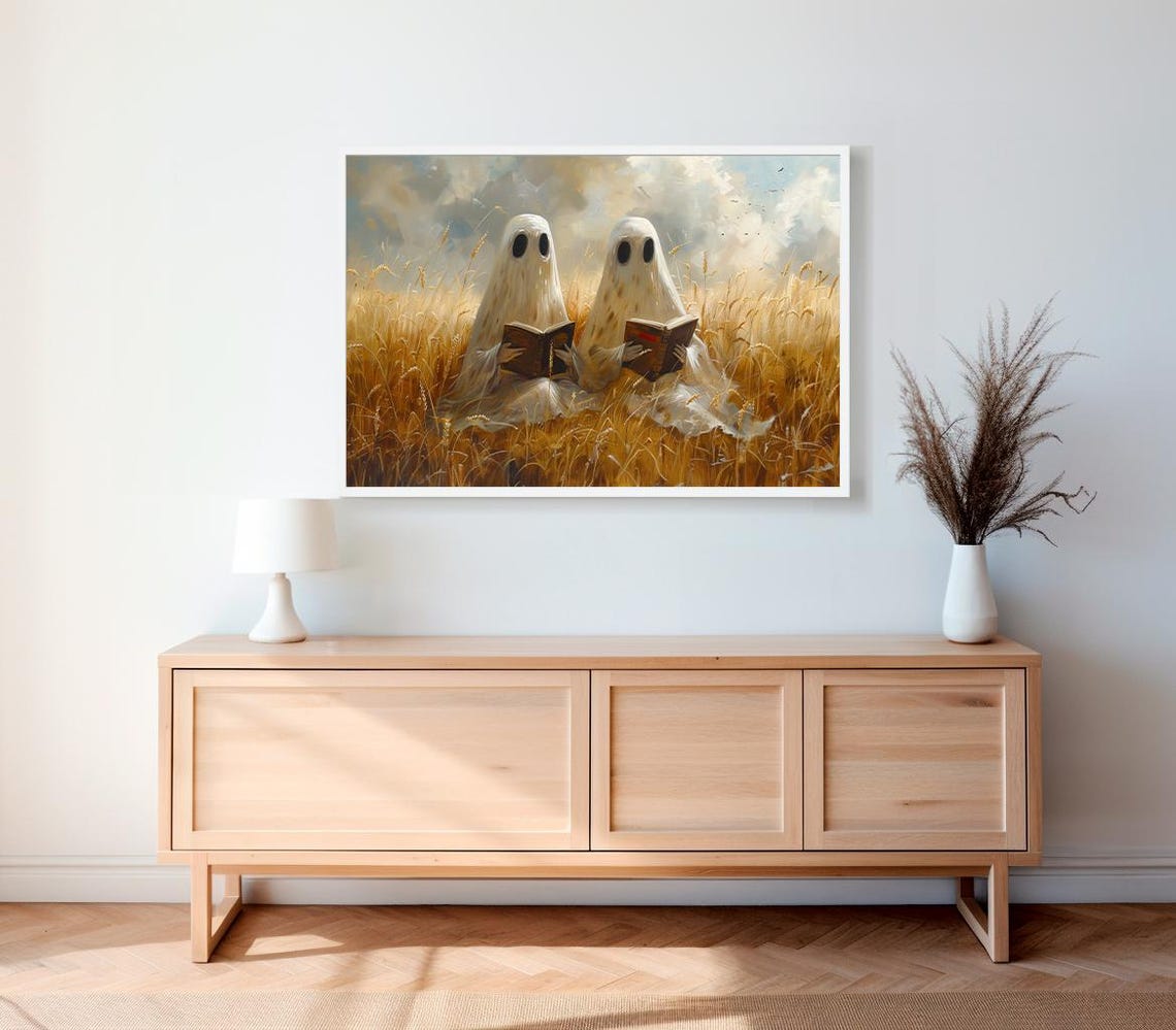 Cute Ghost Couple Reading Books In Golden Wheat Field Art Poster - Image 2