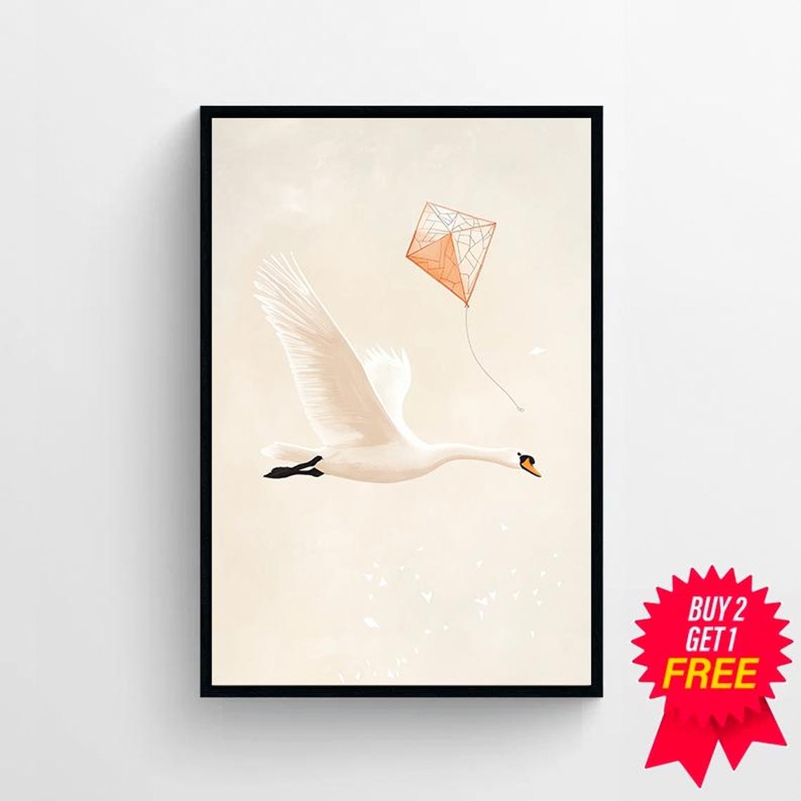 Graceful White Swan Flying With Orange Kite on Cream Nursery Poster - Image 4