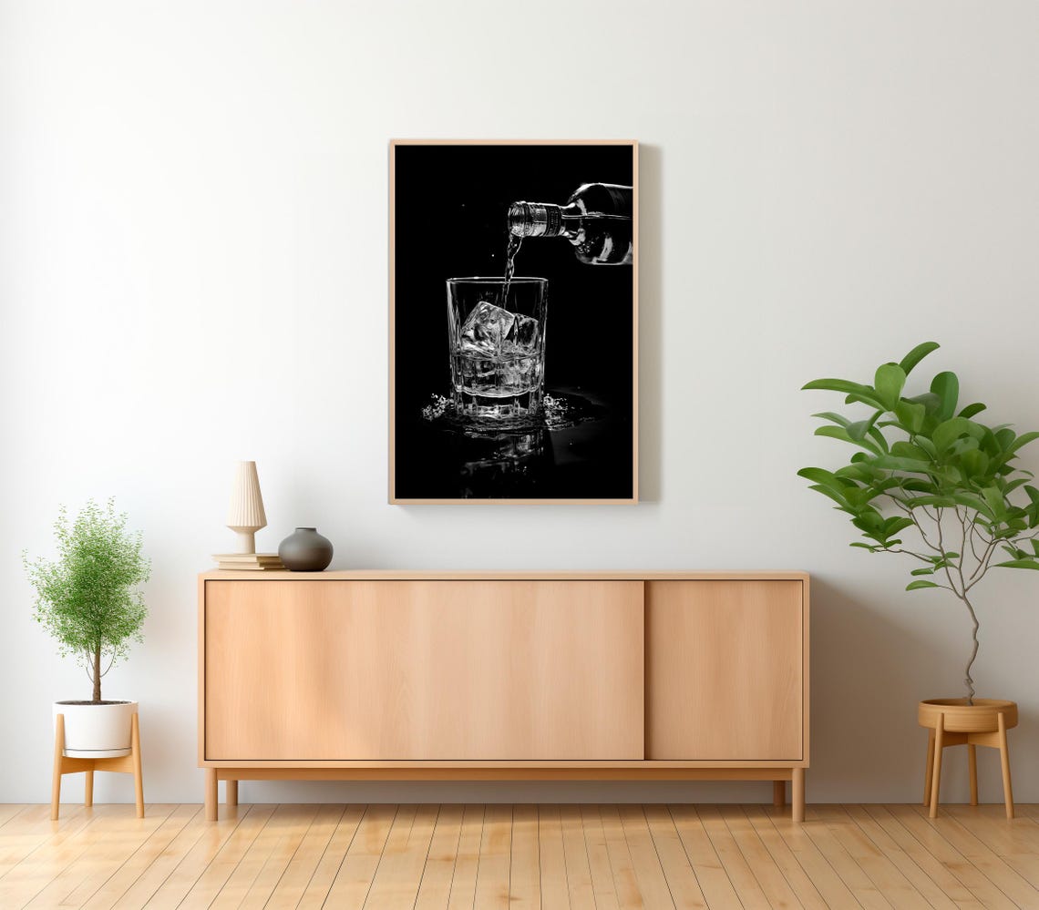 Black and White Whisky Pour Glass Bottle Bar Photograph Poster - Image 2