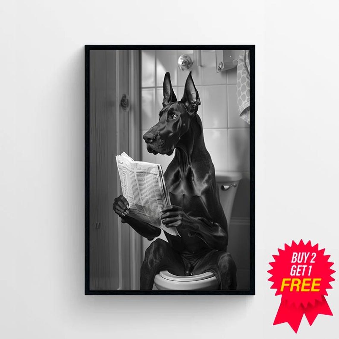 Black Great Dane on Toilet with Newspaper Funny Bathroom Poster - Image 4