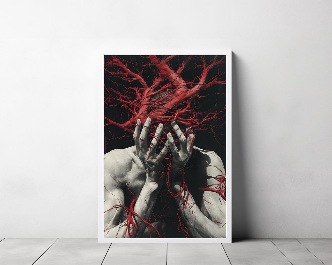 Devil Muscular Figure With Hands Over Face Red Veins Dark Art Poster - Image 3