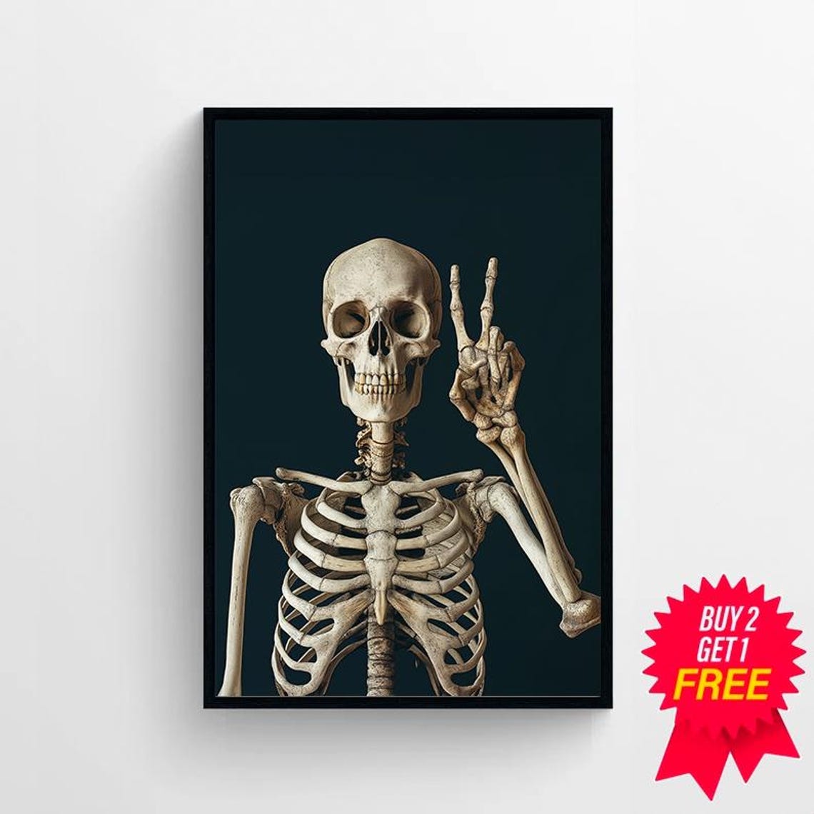 Realistic Human Skeleton Making a Peace Sign on Black Art Poster - Image 4