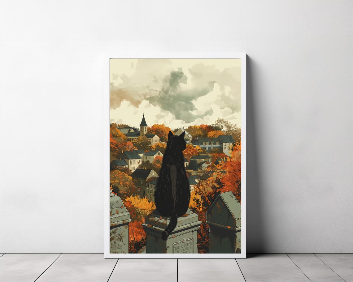 Black Cat on a Gravestone Over a New England Town in Autumn Poster - Image 3