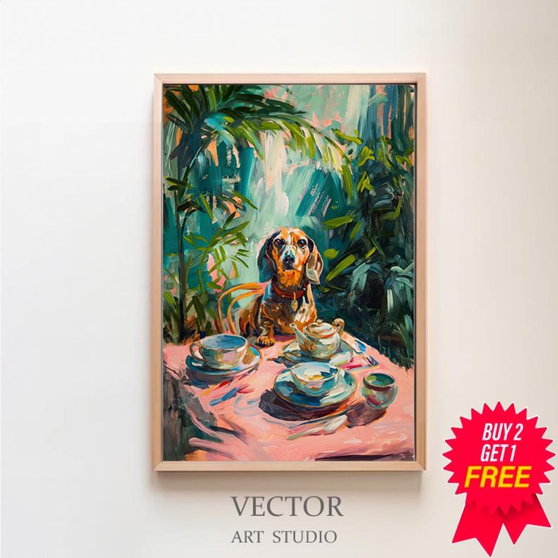 Dachshund At Tea Table In Lush Jungle Impressionist Art Poster