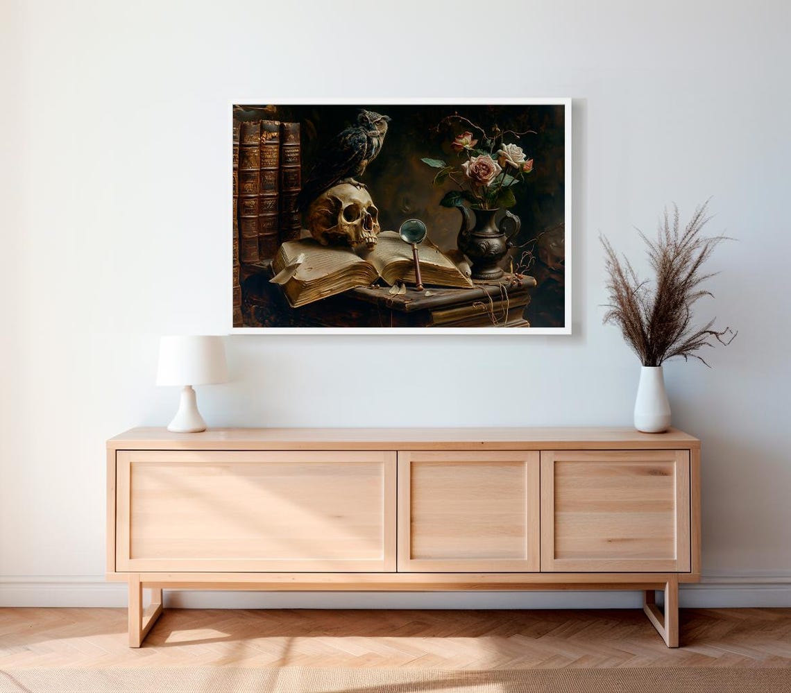 Owl Perched on a Skull Beside an Open Book in Gothic Still Life Poster - Image 2