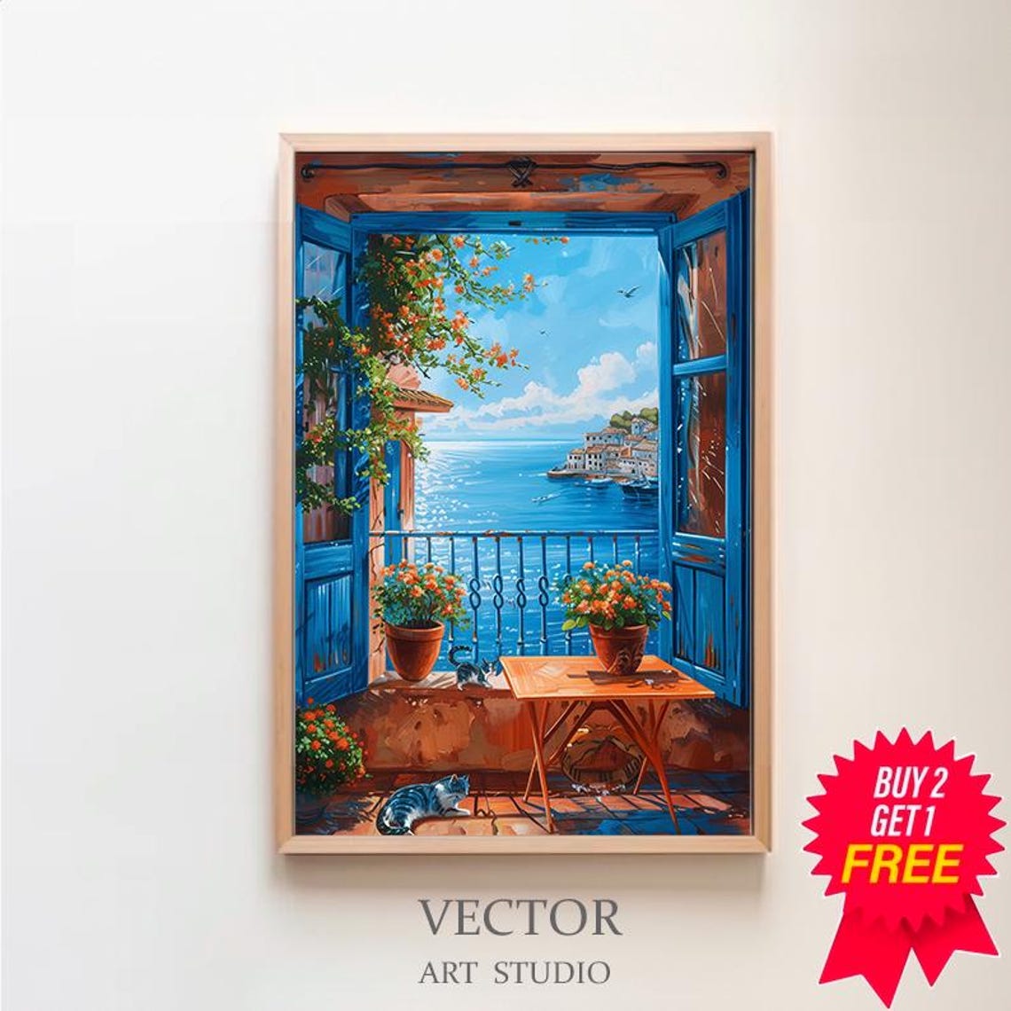 Sunny Blue Door Balcony Overlooking Sparkling Greek Sea Cat Art Poster