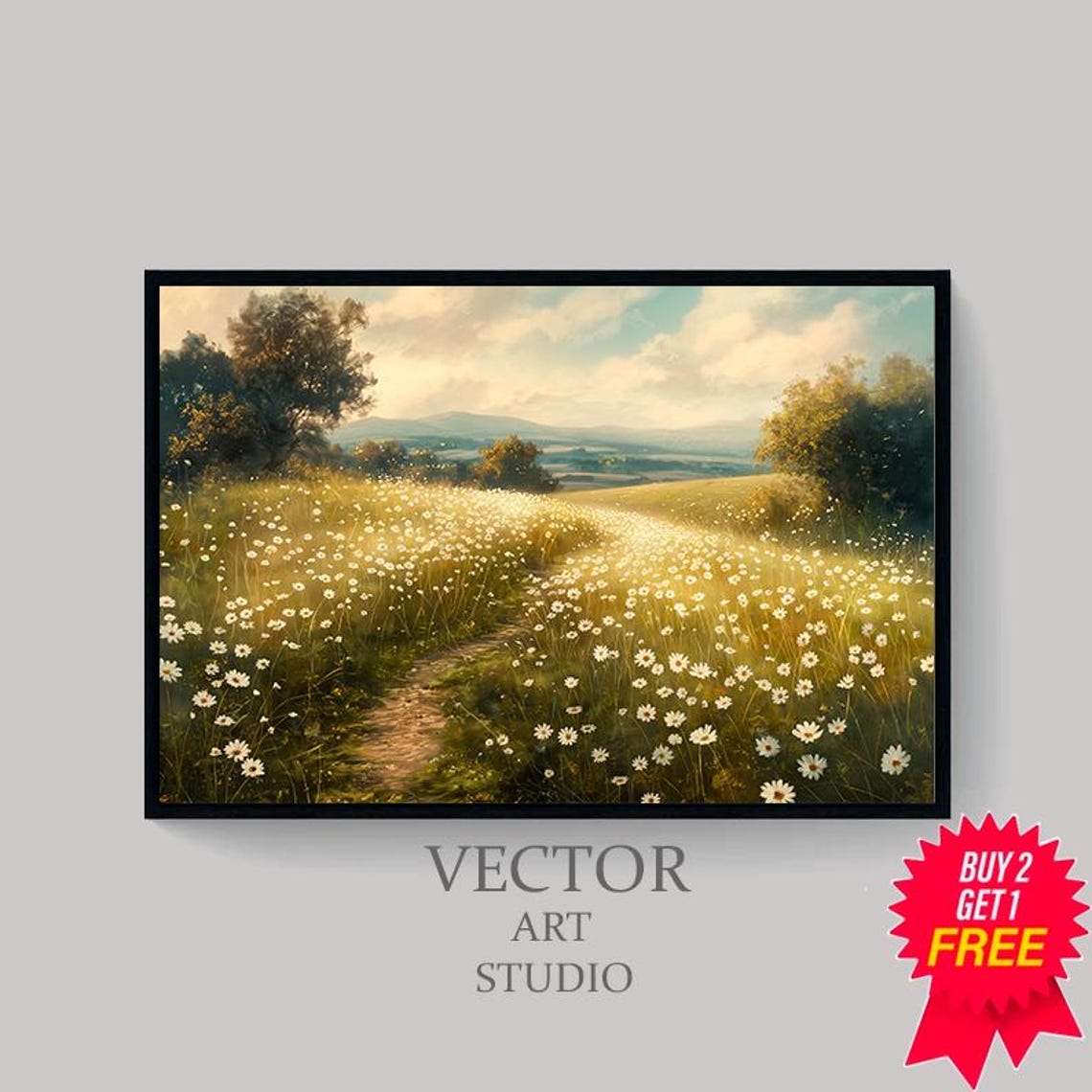 Golden Daisy Meadow With Winding Path At Sunset Vintage Poster - Image 4