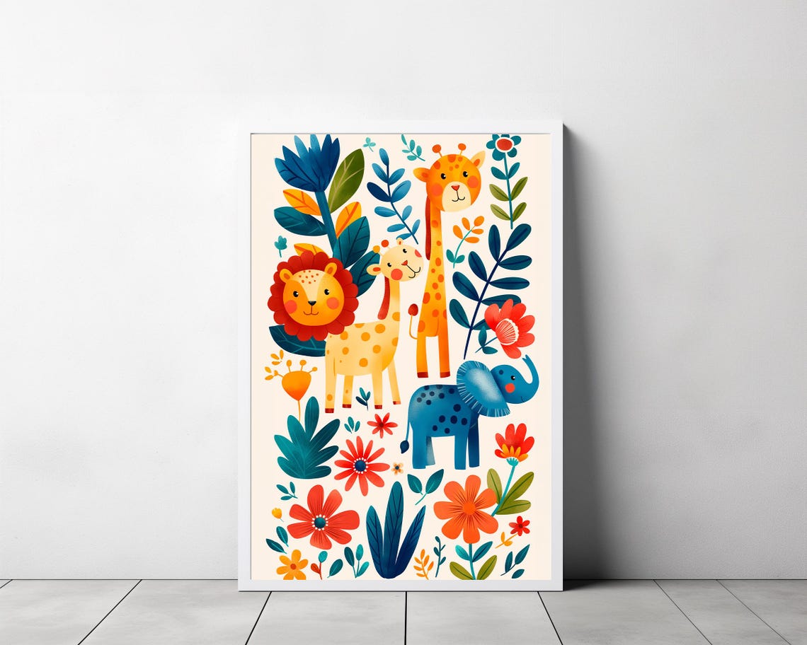 Happy Lion Giraffe Elephant Flowers Safari Kids Nursery Poster - Image 3