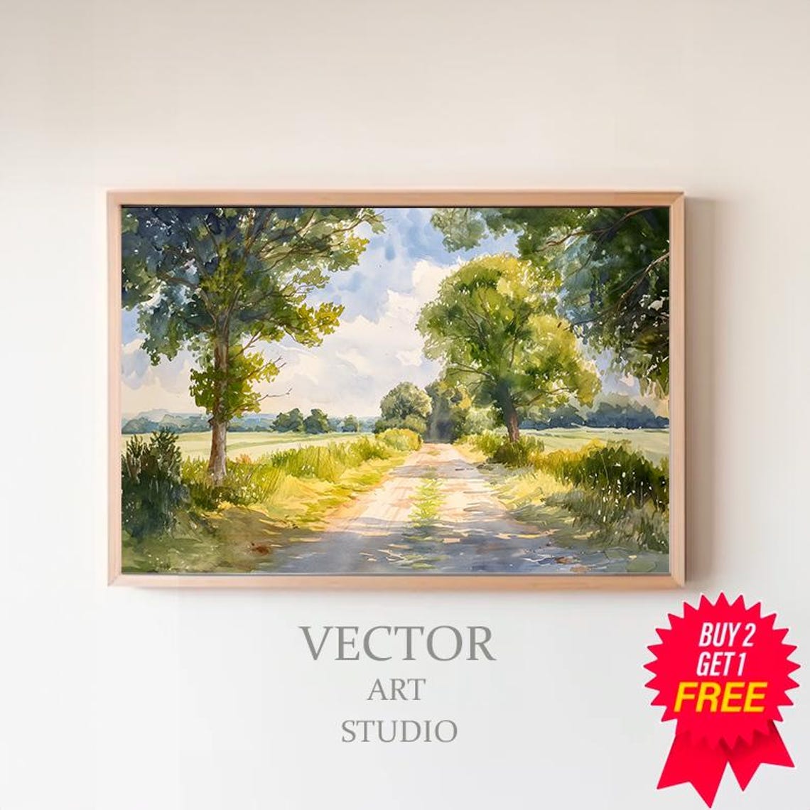 Sunny Countryside Lane Through Green Fields Watercolor Poster