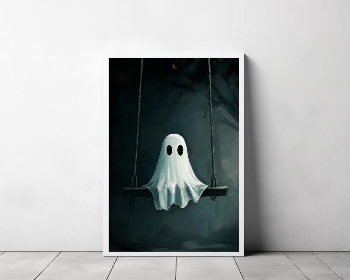 Cute Sheet Ghost Sitting Alone on a Swing in the Dark Poster - Image 3