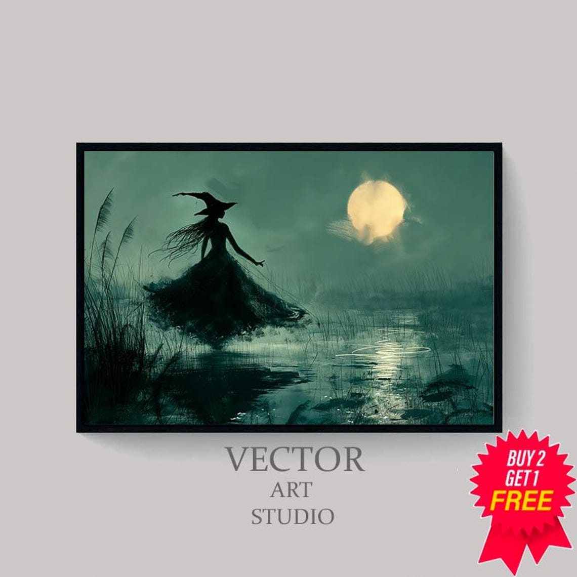 Witch Silhouette in a Moonlit Marsh with Reeds Halloween Poster - Image 4