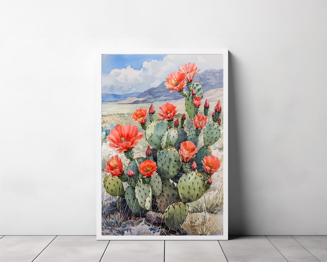Red Blooming Prickly Pear Cactus with Mountain Vista Watercolor Poster - Image 3