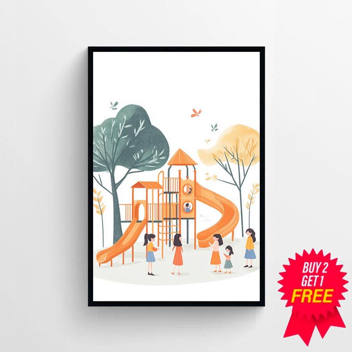 Happy Kids Playing on an Orange Playground Slide Illustration Poster - Image 4