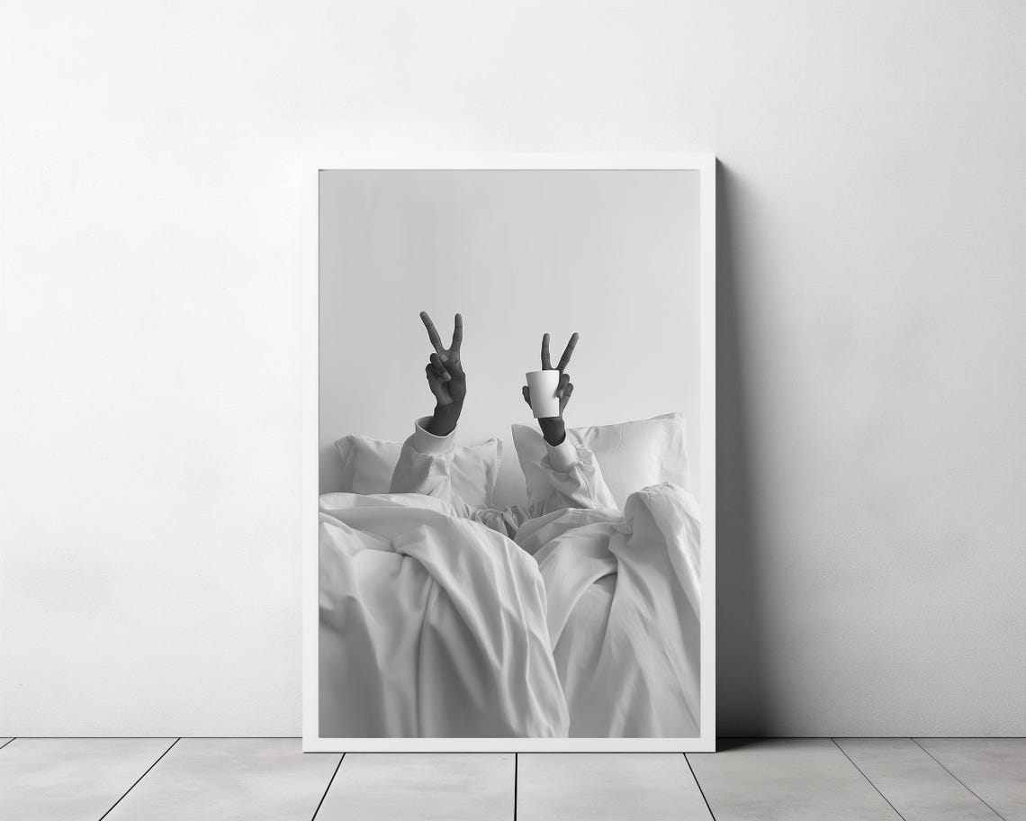 Cozy Woman in Bed with Morning Coffee Peace Sign Photo Poster - Image 3