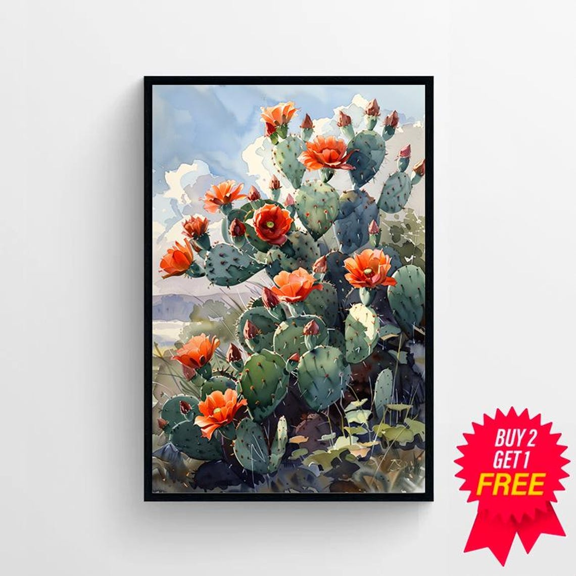 Orange Blooming Prickly Pear Cactus Under Blue Sky Watercolor Poster - Image 4
