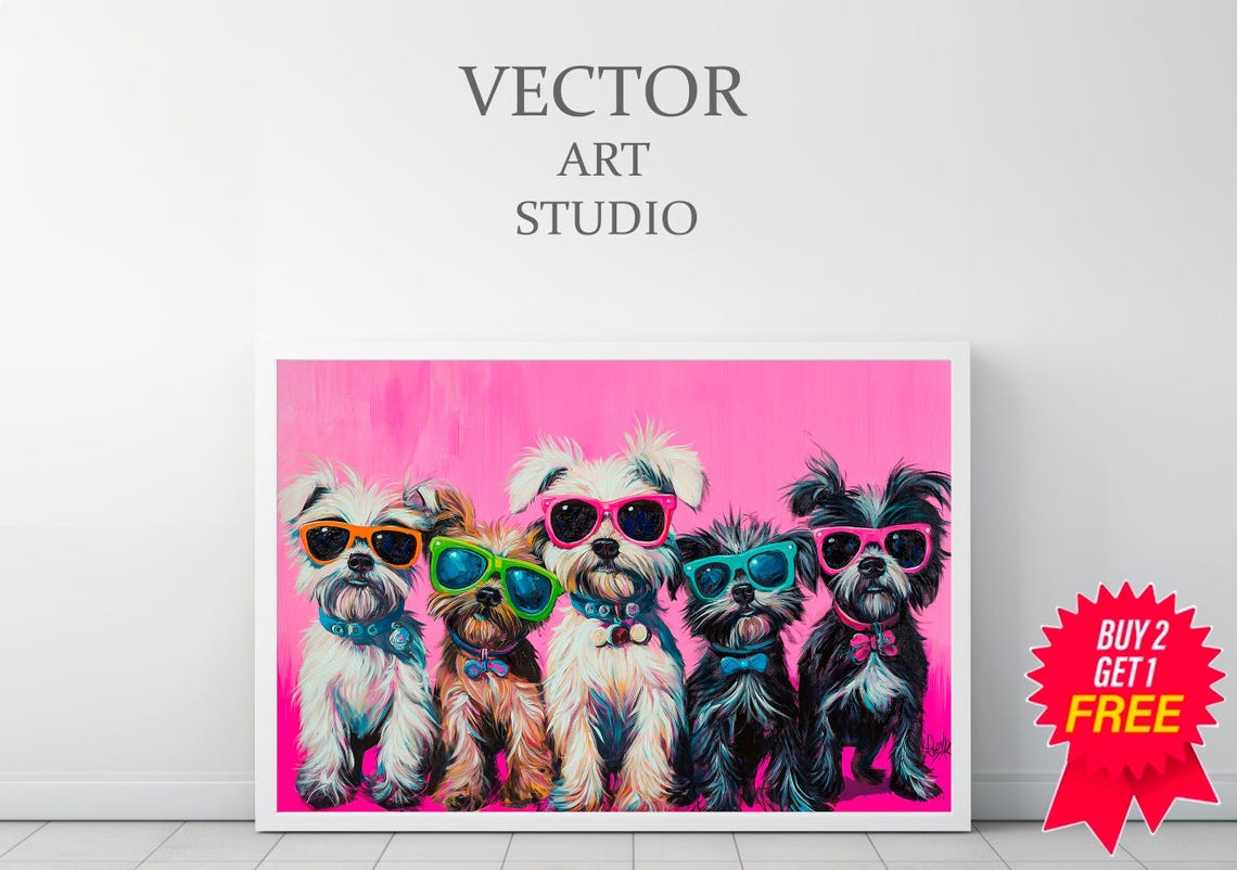 Dopamine Summer Frame Tv Art Cute Dogs In Sunglasses Maximalist Oil Painting Bright Pastel Preppy Pink Tv Funny Pet Colorful Picture - Image 3