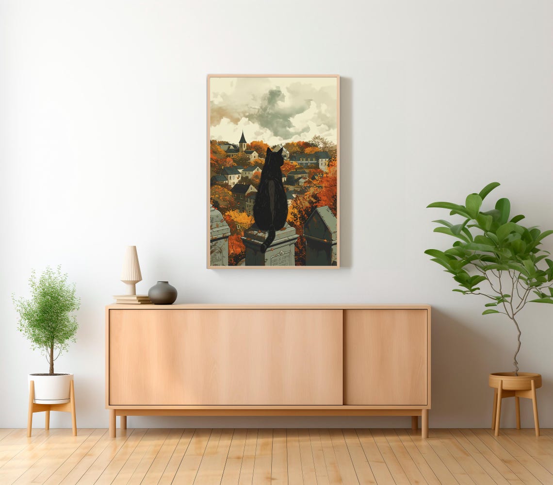 Black Cat on a Gravestone Over a New England Town in Autumn Poster - Image 2