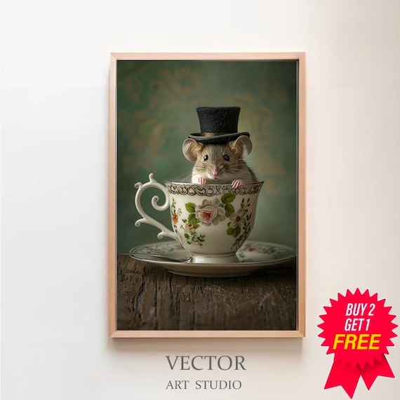 Mouse In A Tea Cup Oil Painting Mouse In Top Hat Mouse Decor Funny Kitchen Wall Art Dark Humor Whimsical Art Funny Animal Art