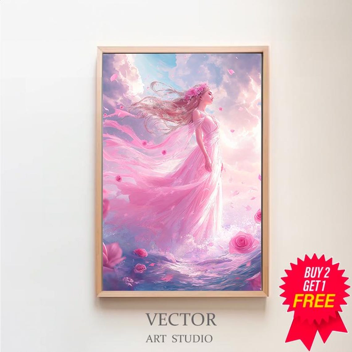 Aphrodite Goddess in a Flowing Pink Gown Among Pink Roses Poster