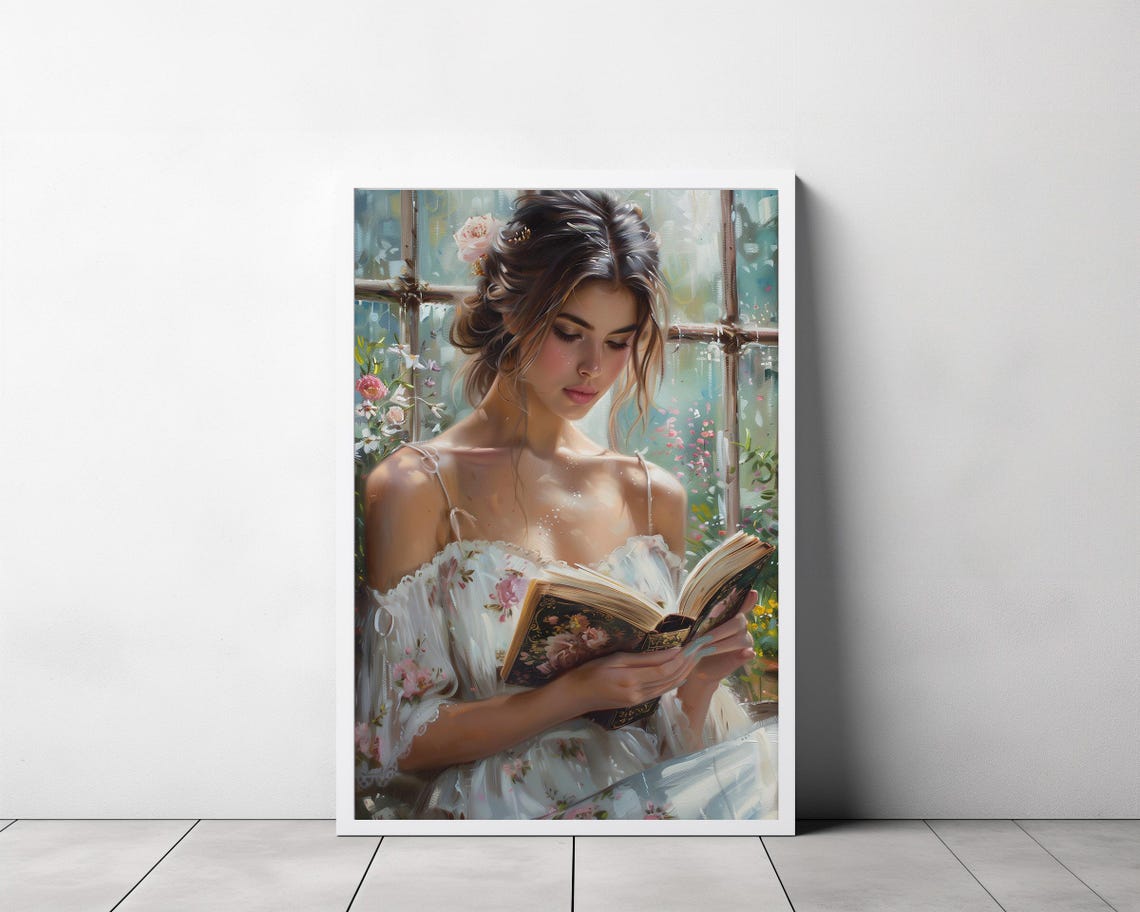 Romantic Woman Reading by a Window Framed with Pink Roses Poster - Image 3