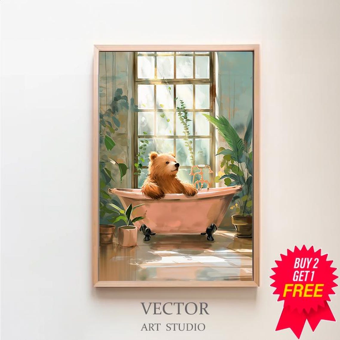 Golden Bear Cub Lounging in a Clawfoot Tub Sunlit Bathroom Poster
