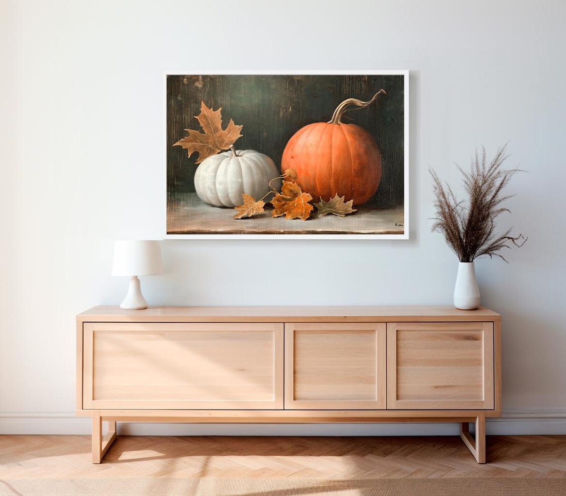 White And Orange Pumpkins With Leaves Dark Still Life Wall Art - Image 2