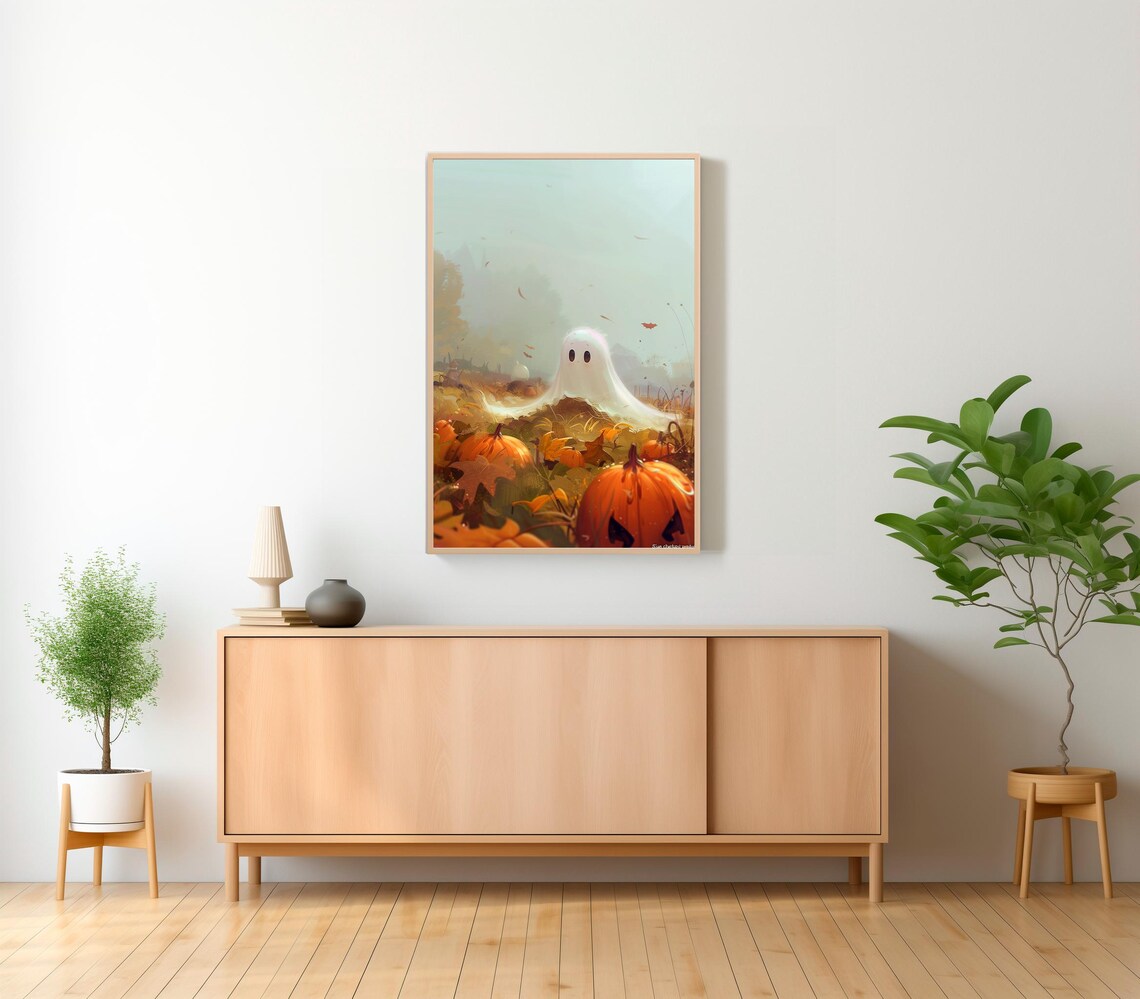 Ghost Floating In Sunlit Pumpkin Field With Grumpy Jack-O-Lantern Poster - Image 2